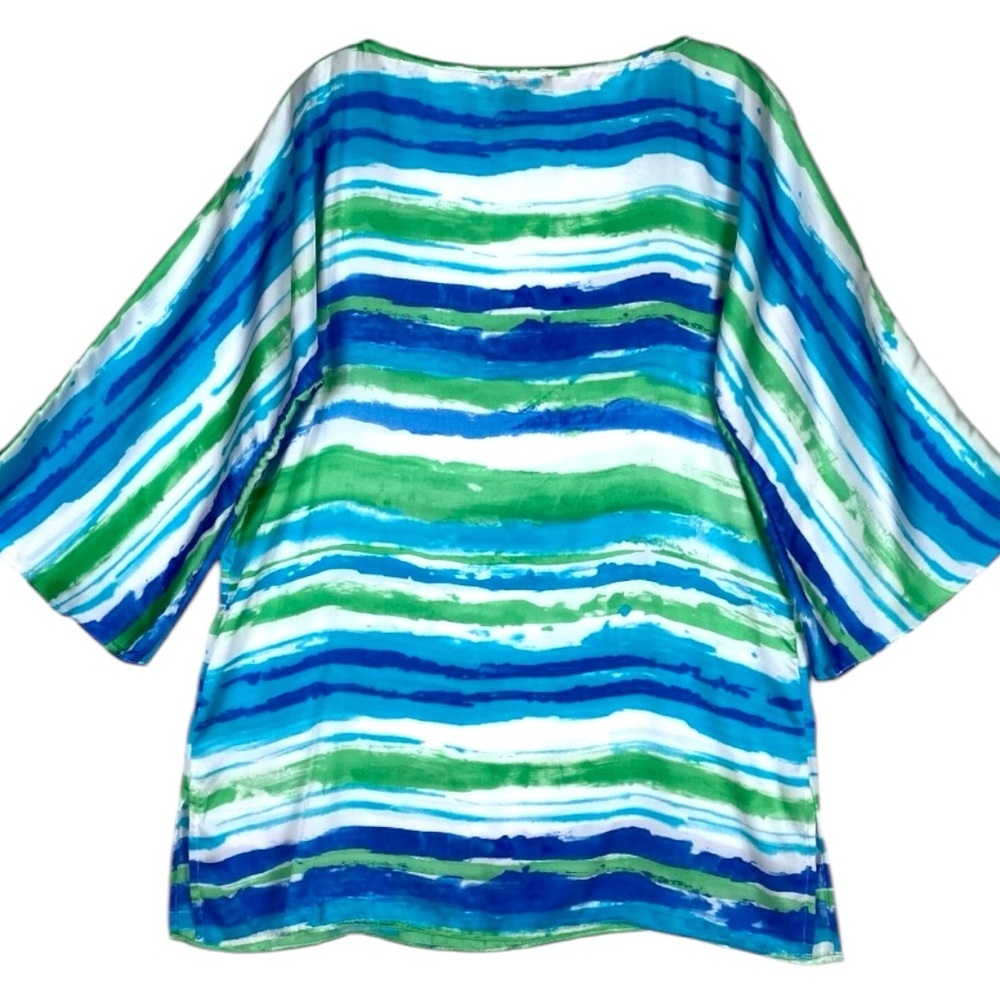 LRL Lauren Ralph Lauren Size M Watercolor Striped 3/4 Bell Sleeve Polyester Top - Picture 3 of 5